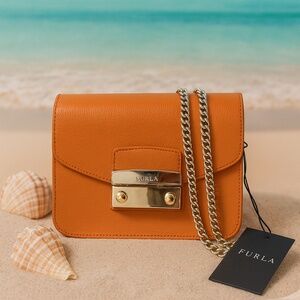 Furla Julia Mini Crossbody Bag – Tangerine Orange Leather – Gold Chain Strap